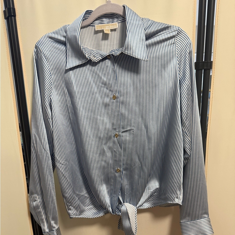 MICHAEL Michael Kors Blue Casual Button Down Shirt with Tie-Front